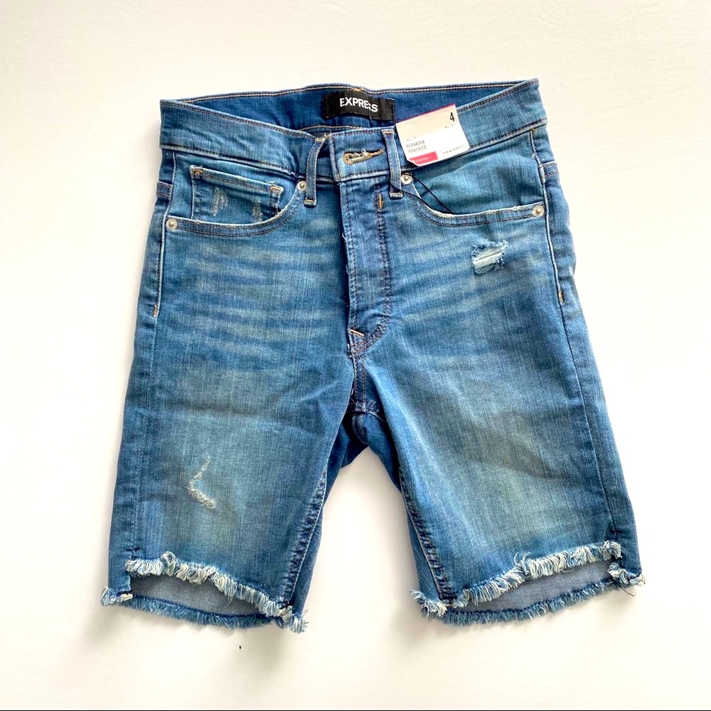 Express Shorts Denim Perfect Bermuda Raw Hem Blue 4